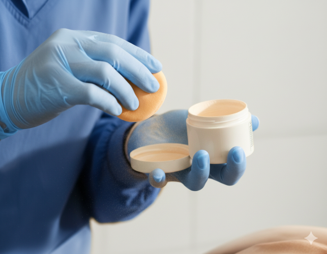 Mani con guanti sanitari e camice d'ordinanza di un operatore di tanatoestetica di Onoranze Funebri Musocco - Milano