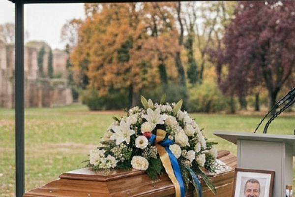 Bara in legno chiaro durante cerimonia all'aperto prima della cremazione