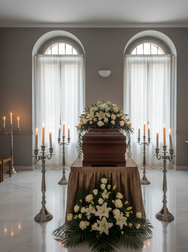 Allestimento professionale di camera ardente con addobbi floreali e paramenti cimiteriali - Onoranze Funebri Musocco