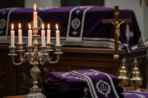 Addobbi funebri con copri bara e candelabro in primo piano, pronti per la cremazione