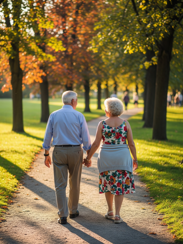 Due persone anziane di spalle camminano in un parco alberato, evocando la tranquillità e la protezione del proprio futuro familiare